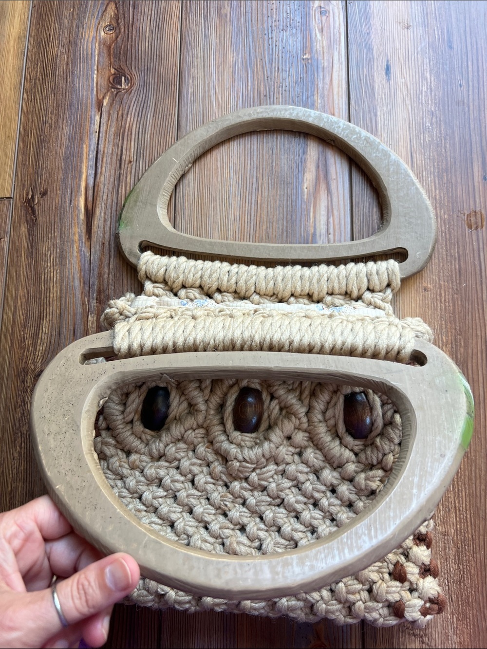 Handmade Macramé Purse with Wood Handles and Bead Accents - Picture 5 of 10